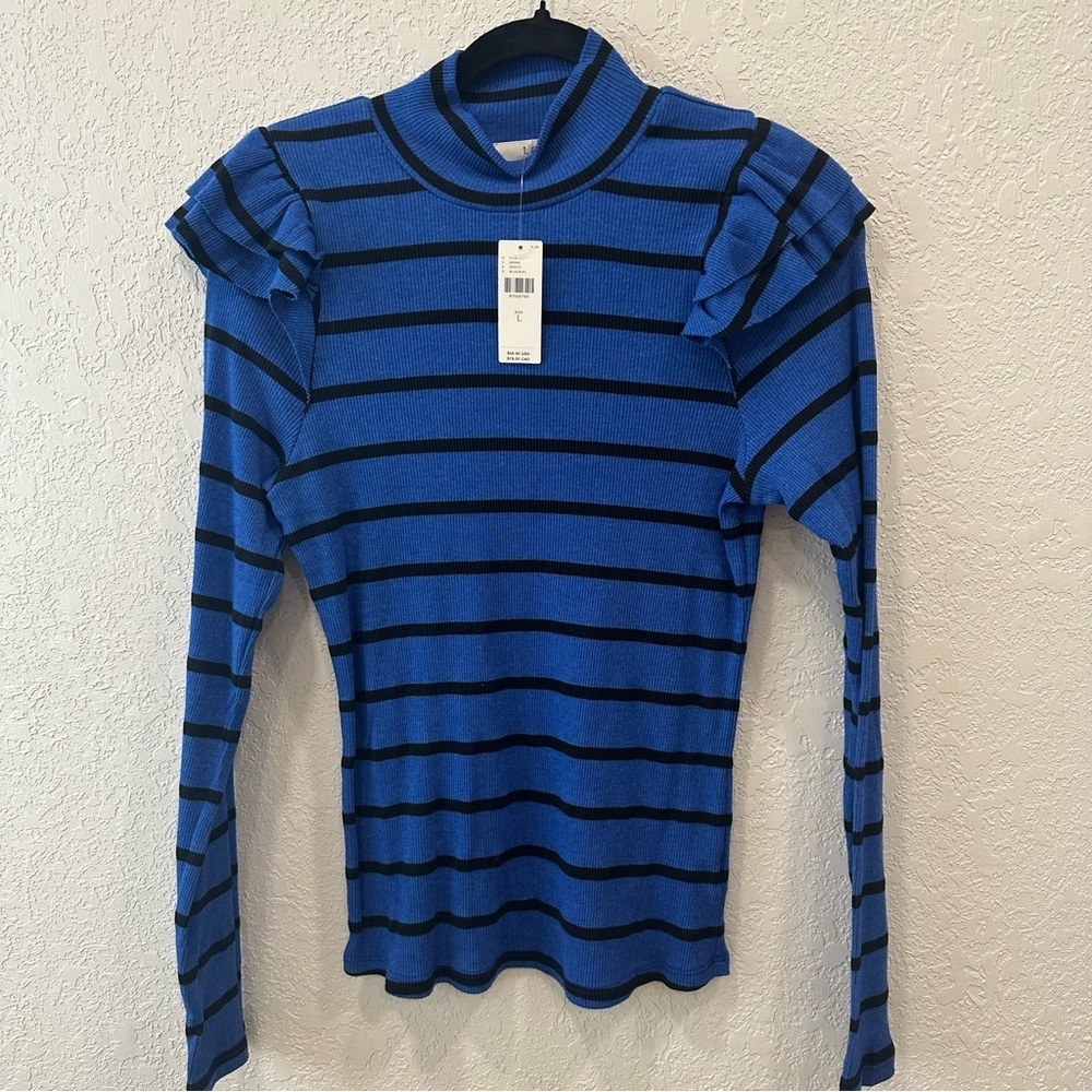 NWT t.La large blue and black stripe mock neck ruffle sleeve blouse